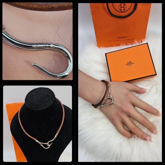 Hermès Brown Leather Silver-Tone Hook Bracelet - Picture 12 of 14